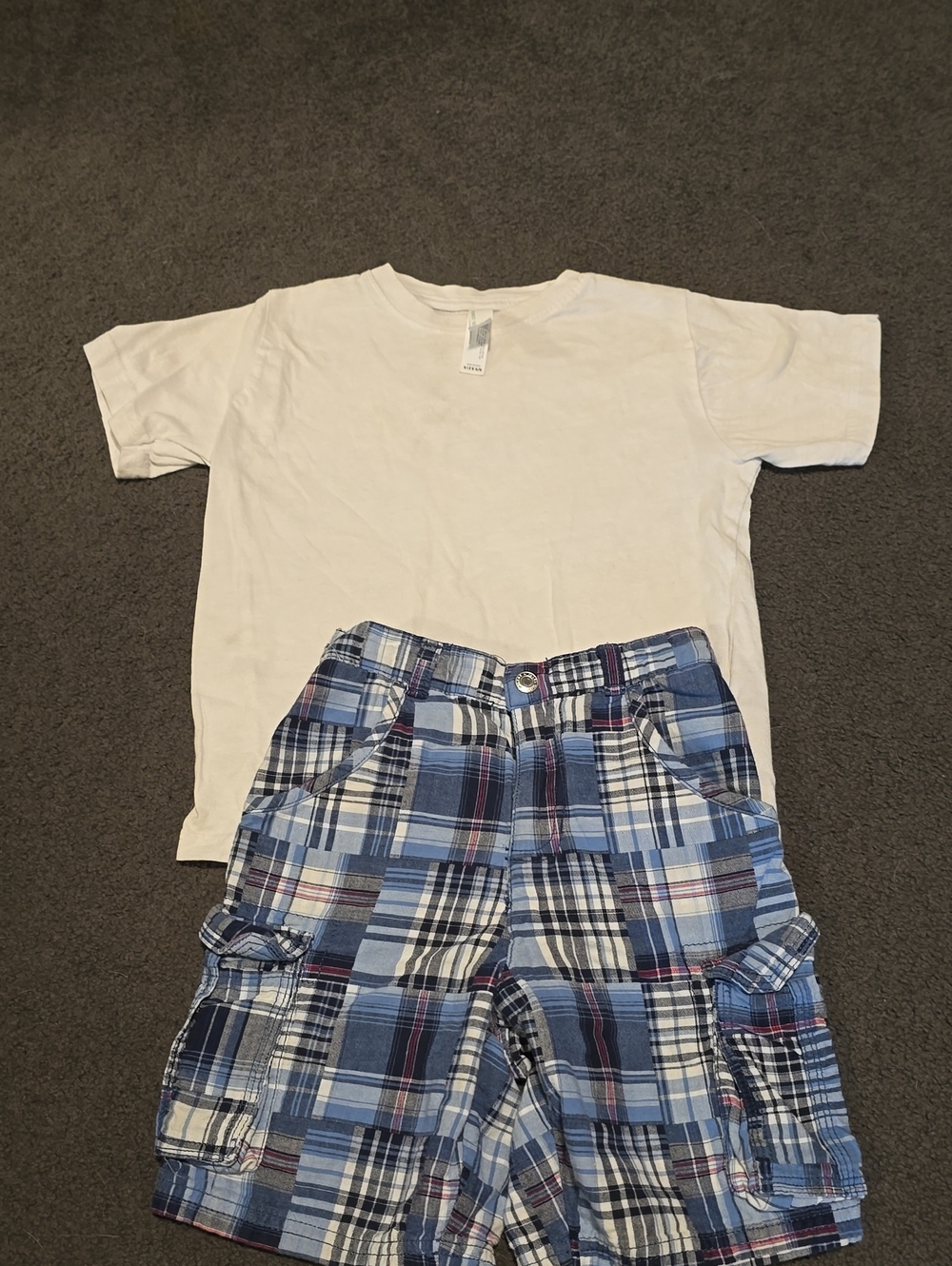 Faded Glory White Short Sleeve Tee with Blue Plaid Cargo Shorts